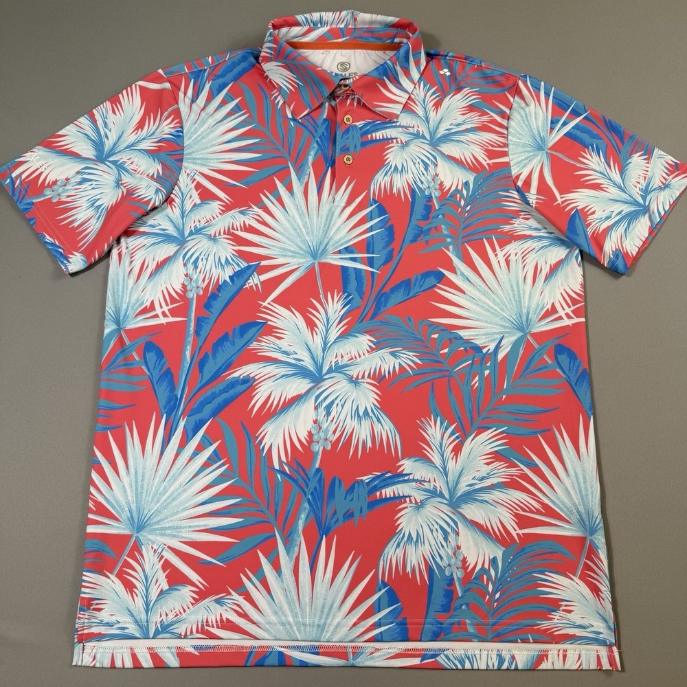 Scales Polo Shirt Mens Medium Red Blue Floral‎ Palm Stretch Wicking Golf Beach